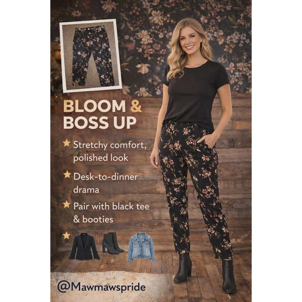 BLOSOM & BOSS Erica Taylor Womens 1X Floral Ankle‎ Pants COMFY Pull On Trousers